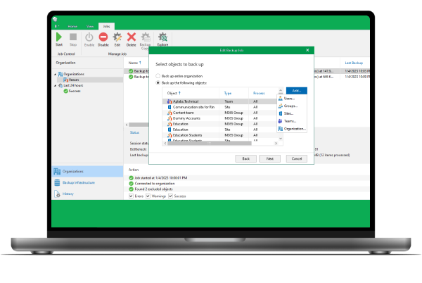 Captura de pantalla del software Veeam m365